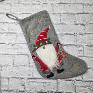 Isaac Mizrahi Gnome Christmas Gray Stocking Gold Metallic Embroidered Snowflakes